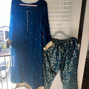 Blue and Gold Embellished Kurta Set
